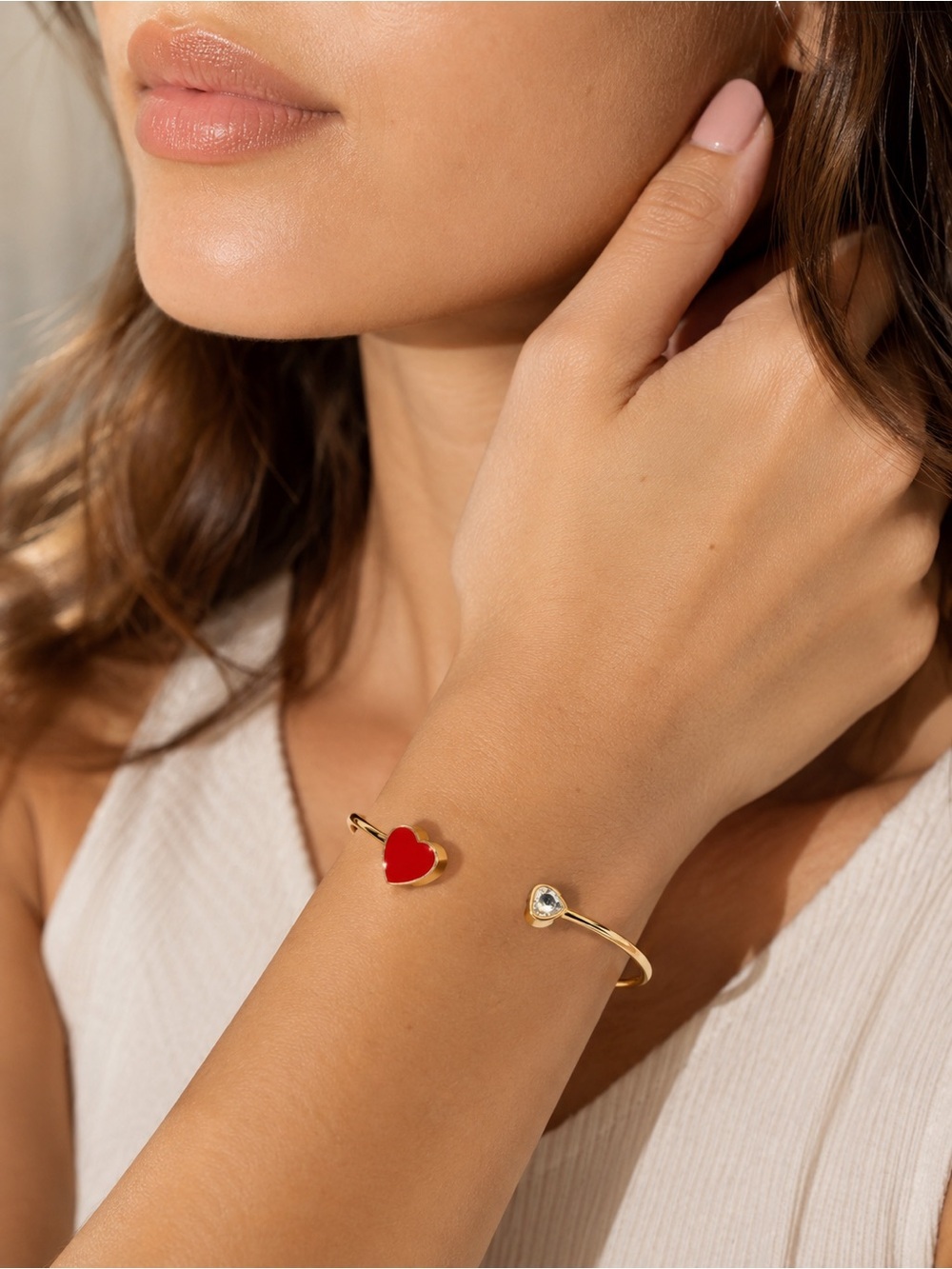 Gold-Tone Red Heart Bangle Bracelet – Adjustable Cuff Style 🛍️